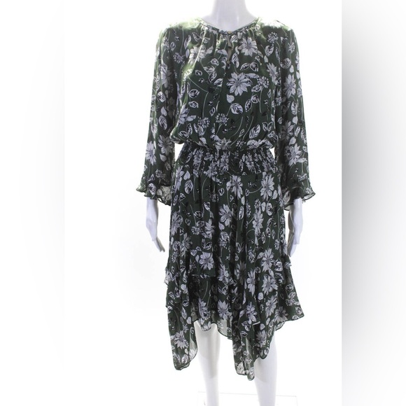 Shoshanna Green Floral Smocked Silk Dress Size 10 - Picture 2 of 12
